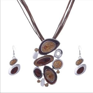 Leather Amber Necklace And Matching Earrings Set